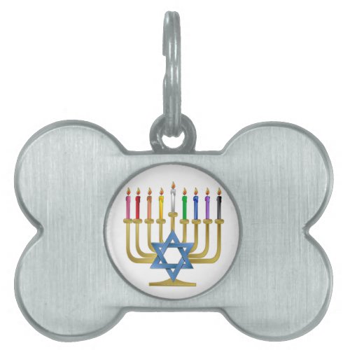 Hanukkah Rainbow Candles Gold Menorah Pet Name Tag