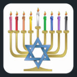 Hanukkah Rainbow Candles Gold Menorah Square Sticker<br><div class="desc">You are viewing The Lee Hiller Designs Collection of Home and Office Decor,  Apparel,  Gifts and Collectibles. The Designs include Lee Hiller Photography and Mixed Media Digital Art Collection. You can view her Nature photography at http://HikeOurPlanet.com/ and follow her hiking blog within Hot Springs National Park.</div>