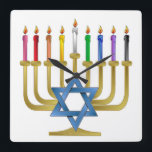 Hanukkah Rainbow Candles Gold Menorah Square Wall Clock<br><div class="desc">You are viewing The Lee Hiller Designs Collection of Home and Office Decor,  Apparel,  Gifts and Collectibles. The Designs include Lee Hiller Photography and Mixed Media Digital Art Collection. You can view her Nature photography at http://HikeOurPlanet.com/ and follow her hiking blog within Hot Springs National Park.</div>