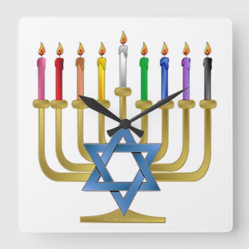 Hanukkah Rainbow Candles Gold Menorah Square Wall Clock