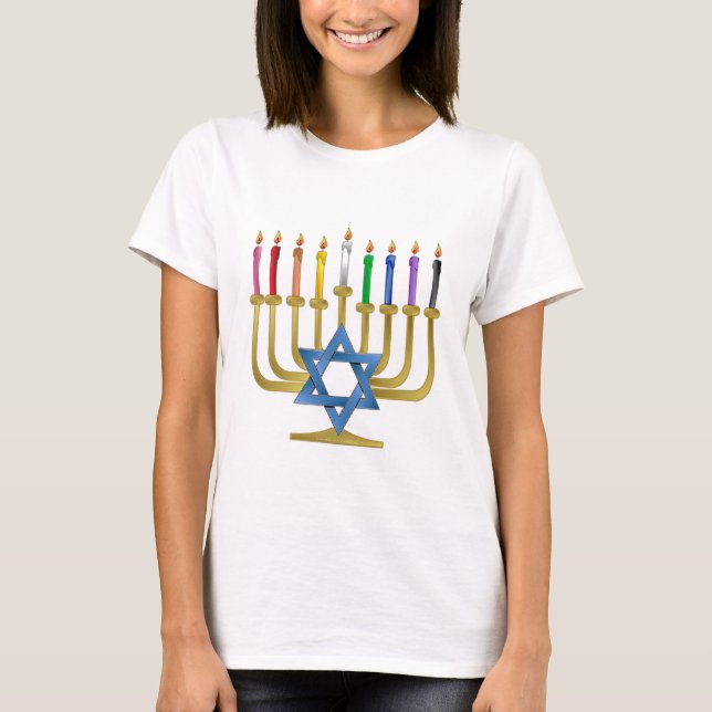Hanukkah Rainbow Candles Gold Menorah T-Shirt (Front)