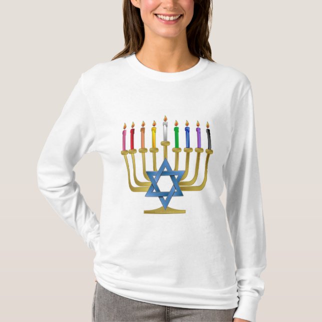 Hanukkah Rainbow Candles Gold Menorah T-Shirt (Front)