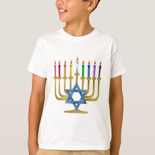 Hanukkah Rainbow Candles Gold Menorah T_Shirt