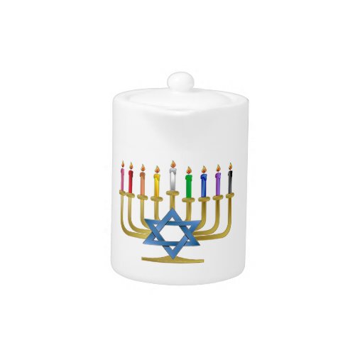 Hanukkah Rainbow Candles Gold Menorah Teapot