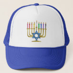 Hanukkah Rainbow Candles Gold Menorah Trucker Hat<br><div class="desc">You are viewing The Lee Hiller Designs Collection of Home and Office Decor,  Apparel,  Gifts and Collectibles. The Designs include Lee Hiller Photography and Mixed Media Digital Art Collection. You can view her Nature photography at http://HikeOurPlanet.com/ and follow her hiking blog within Hot Springs National Park.</div>