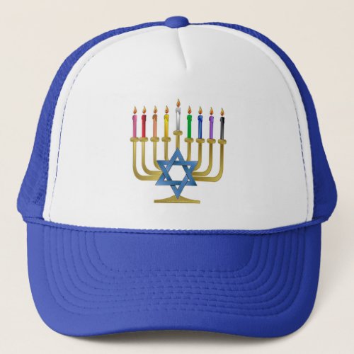 Hanukkah Rainbow Candles Gold Menorah Trucker Hat