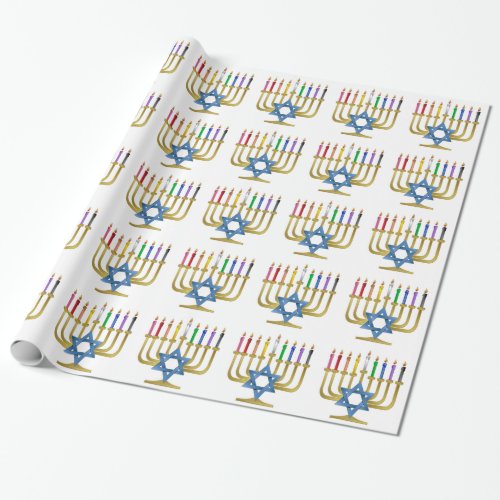 Hanukkah Rainbow Candles Gold Menorah Wrapping Paper