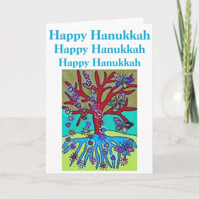 Hanukkah Red Tree of Life Hearts & Butterflies Card (Front)