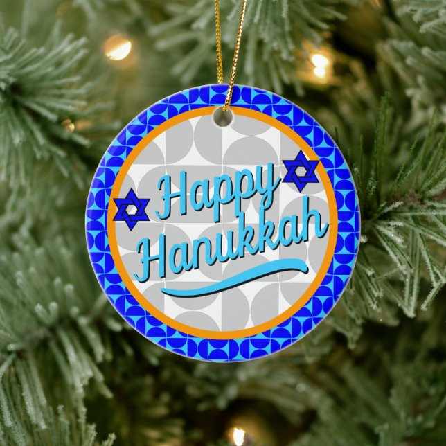 Hanukkah - Retro Modern Shapes Ceramic Ornament (Tree)