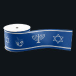 Hanukkah Ribbon | Menorah, Star of David, Dreidel<br><div class="desc">Festive blue and pale silver Hanukkah ribbon featuring a  dreidel,  menorah,  and Star of David in a repeat pattern,  edged in pale silver on a blue background. Shown is a 3" grosgrain ribbon. Other material and width available. Designed by WebzPickz.</div>