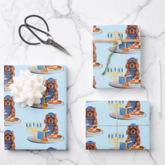 Hanukkah Ruby Cavalier King Charles Spaniel Wrapping Paper Sheets (Front)