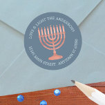 Hanukkah Rustic Menorah Address Or Party Favor Classic Round Sticker<br><div class="desc">So easy to personalize, these Hanukkah round stickers can be used so many ways for your Festival of Lights celebrations. The background of these Chanukah stickers is a rich traditional blue with a rustic faux woodgrain texture menorah in the center. Two sets of arched text in light blue can be...</div>