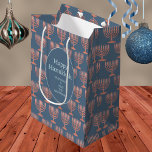 Hanukkah Rustic Menorah Blue Festival Of Lights Medium Gift Bag<br><div class="desc">A pattern of rustic faux wood menorahs and your custom text makes these personalized Hanukkah gift bags a festive choice for your Festival Of Lights celebrations. The rustic faux woodgrain menorahs repeat on a rich dark blue background while a solid deep blue oval edged in light blue holds two sets...</div>
