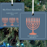 Hanukkah Rustic Menorah Chic Modern Add A Name Metal Ornament<br><div class="desc">These unique Hanukkah ornaments in soft dark blue make lovely keepsakes. Personalize three separate text templates for a one of a kind custom ornament for your Festival of Lights celebrations. The front of the square holiday ornament features a single faux redwood menorah for a rustic touch, a thin light blue...</div>