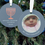 Hanukkah Rustic Menorah Cute Double Sided Photo Ornament<br><div class="desc">Personalize this double sided photo ornament in dark blue with a faux woodgrain menorah as a cute custom My First Hanukkah or Our First Hanukkah keepsake. Add your photo to the front where it will appear cropped into a round picture with a light blue frame on a background of dark...</div>