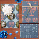Hanukkah Rustic Menorah Festive Holiday Photo Wrapping Paper Sheets<br><div class="desc">Personalize this custom Hanukkah gift wrap with your photo and a child's name for one of a kind wrapping paper for your Festival Of Lights celebration. The three sheet assortment begins with Sheet 1 and your favorite photo framed in blue with alternating dark blue circles with a faux wood menorah...</div>