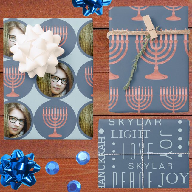 Hanukkah Rustic Menorah Festive Holiday Photo Wrapping Paper Sheets (Add your photo to sheet 1 and the child's name to sheet 3 for personalized Hanukkah wrapping paper)