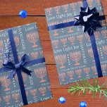 Hanukkah Rustic Menorah Love Light Add A Name Wrapping Paper<br><div class="desc">Create your own designer Hanukkah wrapping paper personalized with your name and this festive modern typography design and rustic faux wood menorahs theme on dark blue. You can add your family name or a child's name in light blue using the easy to edit text template. Bold typography in light blue...</div>