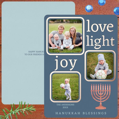 Hanukkah Rustic Menorah Love Light Joy 3 Photo Foil Holiday Card