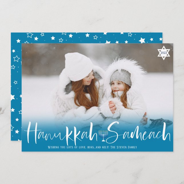 Hanukkah Sameach blue overlay script menorah photo Holiday Card (Front/Back)