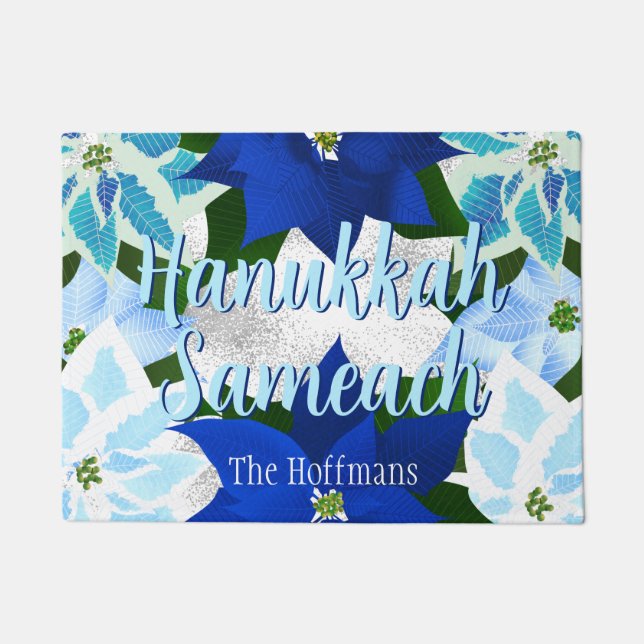 Hanukkah Sameach Blue Poinsettias Doormat (Front)