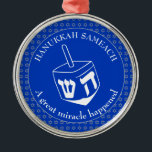 HANUKKAH SAMEACH | Chanukah | Dreidel Metal Ornament<br><div class="desc">Stylish HANUKKAH SAMEACH Ornament with faux silver Star of David in a tiled pattern and a large white dreidel at the center. The background color is Cobalt Blue. The text reads HANUKKAH SAMEACH at the top and A GREAT MIRACLE HAPPENED at the bottom. Both are CUSTOMIZABLE if you wish to...</div>