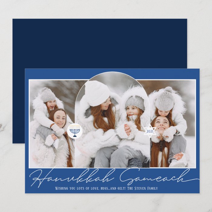 Hanukkah Sameach cool blue script menorah 3 photos Holiday Card