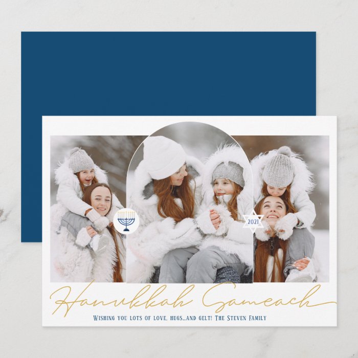 Hanukkah Sameach gold blue script menorah 3 photos Holiday Card