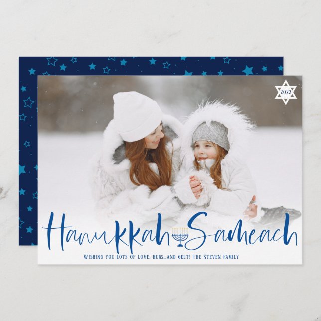 Hanukkah Sameach overlay script menorah photo Holiday Card (Front/Back)