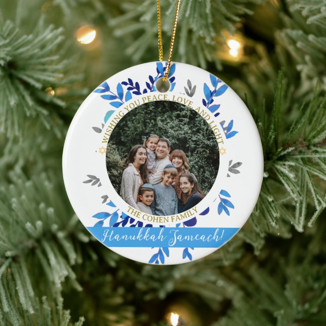 Hanukkah Sameach | Simple Hanukkah family photo Ceramic Ornament (Tree)