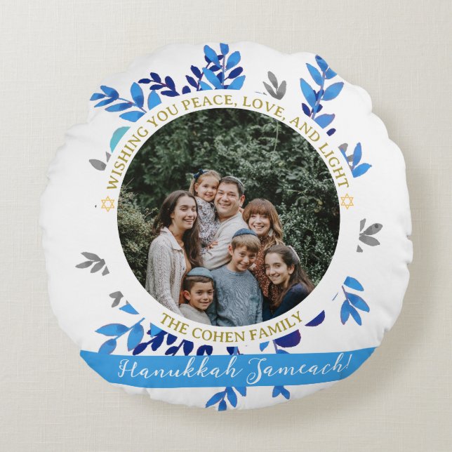 Hanukkah Sameach | Simple Hanukkah family photo Round Pillow (Front)