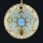 Hanukkah Sanctuary Window Ceramic Ornament<br><div class="desc">The front of this lovely ceramic ornament portrays meaningful images of faith against the backdrop of a stained glass window. Both front and back feature the look of lustrous gold foil details. The reverse has text options for dedicating this ornament to a member of your family or giving it as...</div>
