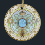 Hanukkah Sanctuary Window Ceramic Ornament<br><div class="desc">The front of this lovely ceramic ornament portrays meaningful images of faith against the backdrop of a stained glass window. Both front and back feature the look of lustrous gold foil details. The reverse has text options for dedicating this ornament to a member of your family or giving it as...</div>