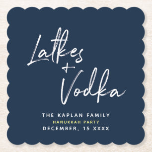Hanukkah Script Latkes and Vodka Navy Coasters