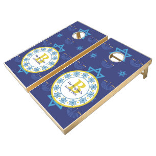 Hanukkah seamless blue pattern Family monogram Cornhole Set