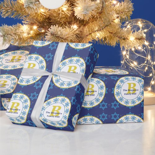 Hanukkah seamless blue pattern Family monogram Wrapping Paper