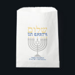 Hanukkah Shalom Peace on Earth Favor Bag<br><div class="desc">Hanukkah Shalom Peace on Earth Favor Bag for packing up your holiday treats. Elegant silver menorah with gold and blue lettering. Easy to customize with text, fonts, and colors. Created by Zazzle pro designer BK Thompson exclusively for Kate’s Creations; please contact us if you need assistance, have questions, or would...</div>