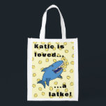 Hanukkah Shark Reusable Grocery Bag<br><div class="desc">Hanukkah Latke Shark Reusable Grocery Bag All design elements can be edited and/or transferred to other Zazzle products. Text can be edited. Use your favorite font style, color, and size. Happy Chanukah! Style: Reusable Bag Go green and save the planet with our reusable grocery bag! Made with a lightweight polyester...</div>