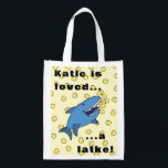 Hanukkah Shark Reusable Grocery Bag<br><div class="desc">Hanukkah Latke Shark Reusable Grocery Bag All design elements can be edited and/or transferred to other Zazzle products. Text can be edited. Use your favorite font style, color, and size. Happy Chanukah! Style: Reusable Bag Go green and save the planet with our reusable grocery bag! Made with a lightweight polyester...</div>