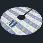 Hanukkah Silver Gold Menorah Optional Monogram Brushed Polyester Tree Skirt<br><div class="desc">Add your monogram initial to this fun silver and gold menorah pattern tree skirt in blue and white stripes for the Hanukkah bush. Monogram is easy to remove if you prefer the tree skirt without personalization. The medium blue and white stripes are a traditional color theme for Hanukkah, usually with...</div>