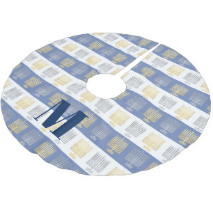 Hanukkah Silver Gold Menorah Optional Monogram Brushed Polyester Tree Skirt