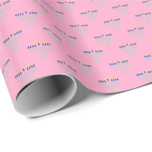 Hanukkah Silver Menorah on Carnation Pink Wrapping Paper