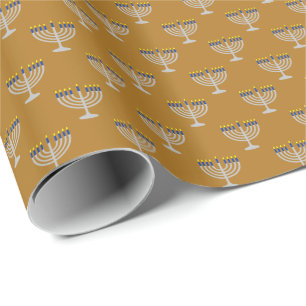 Hanukkah Silver Menorah on Matte Gold Wrapping Paper
