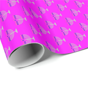 Hanukkah Silver Menorah on Pink Wrapping Paper