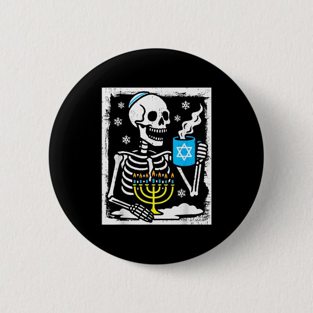 Hanukkah Skeleton Coffee Dreidel Jewish Menorah Ch Button (Front)