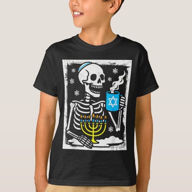 Hanukkah Skeleton Coffee Dreidel Jewish Menorah Ch T-Shirt (Front)