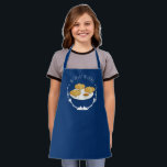 Hanukkah Smiling Latkes Blue White Holiday Apron<br><div class="desc">An apron in blue and white with a plate of smiling latkes with apple sauce and sour cream. The design includes the words “We’ve got the latkes”. All the text is customizable.</div>