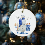 Hanukkah Snowman Blue Personalized name Menorah Ceramic Ornament<br><div class="desc">This design was created though digital art. It may be personalized in the area provided or customizing by changing the photo or added your own words. Contact me at colorflowcreations@gmail.com if you with to have this design on another product. Purchase my original abstract acrylic painting for sale at www.etsy.com/shop/colorflowart. See...</div>
