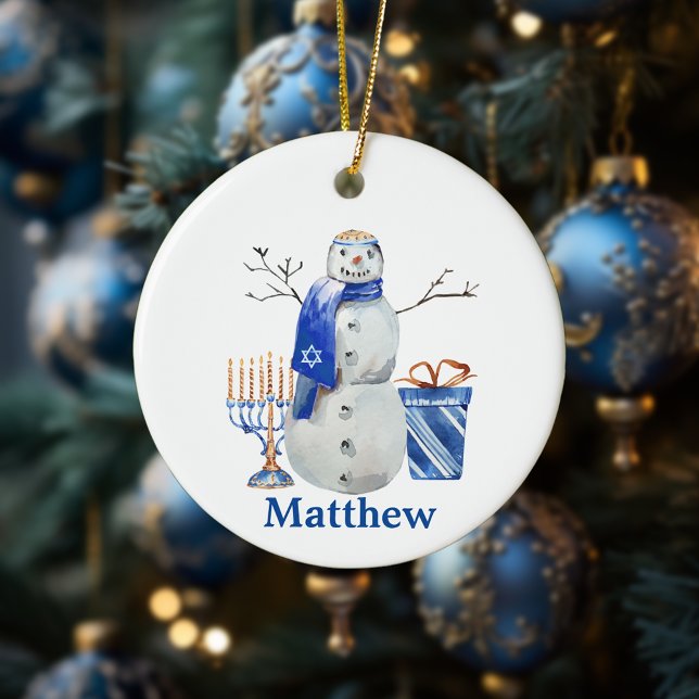Hanukkah Snowman Blue Personalized name Menorah Ceramic Ornament (Creator Uploaded)