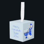 Hanukkah Snowman Chrismukkah Add Name And Year Cube Ornament<br><div class="desc">Personalize this Hanukkah snowman cube ornament with your name, year and message for a custom holiday keepsake. The front and back text can be customized independently with your unique messages for a one of a kind Hanukkah ornament. My original snowman and matching Menorah/Hanukiah in shades of white and deep royal...</div>